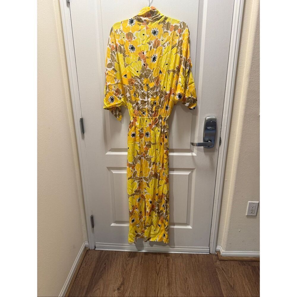 S/W/F Twist Front Plunge Midi Dress Summer Poolside Dress In Yellow Floral Weddi - Picture 4 of 6